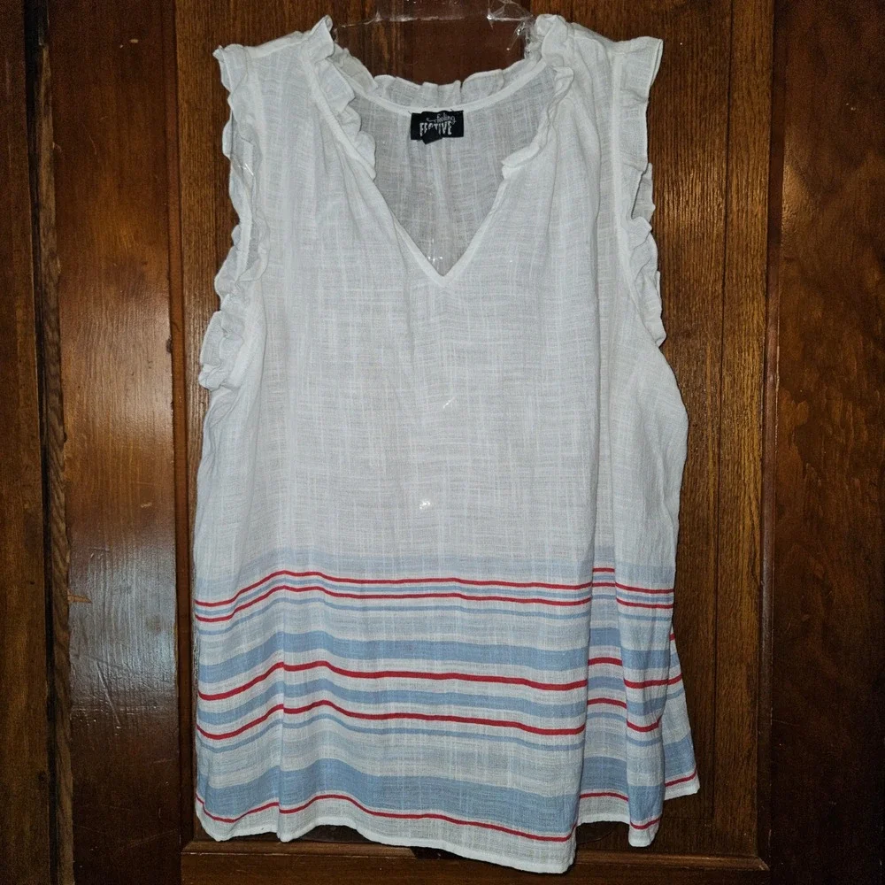 Feeling Festive Women XXL White Cotton Ruffle Sleeveless Top Red Blue Striped - Picture 1 of 6